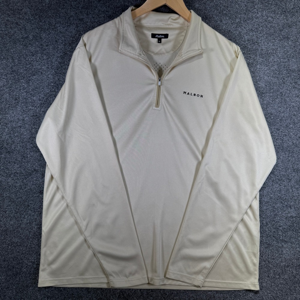 Malbon Golf 1/4 Zip Pullover Mens XL Cream Perforated Back Logo Performance L/S